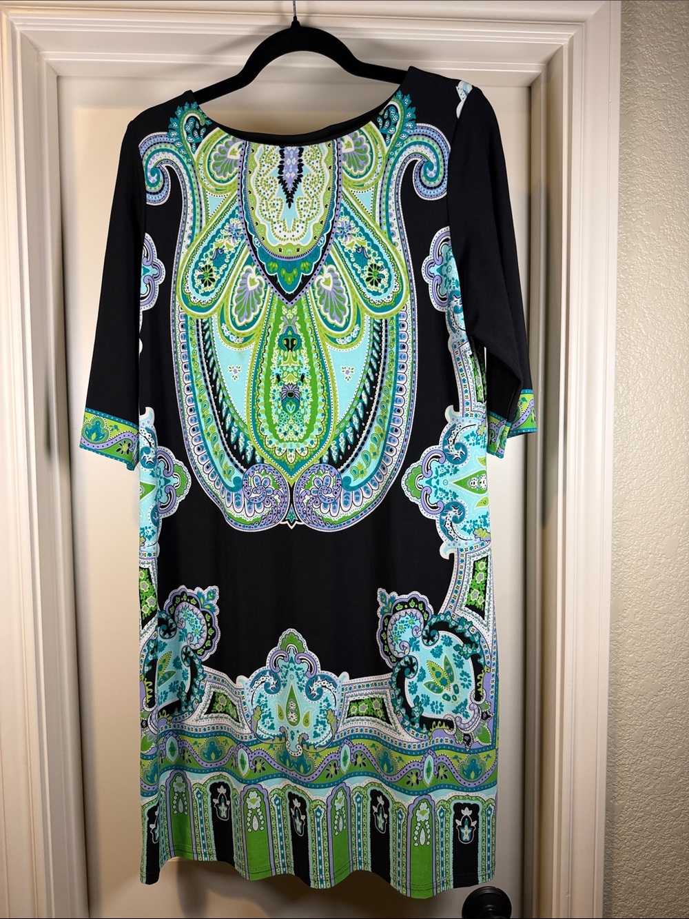 Sandra Darren - Black Dress with Turquoise and Lime Paisley Accents - Size 12